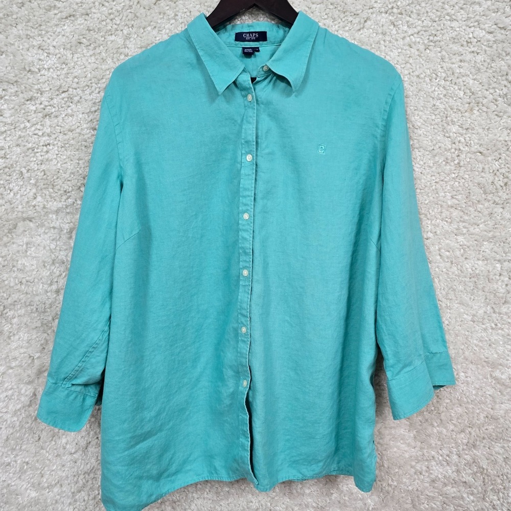 Chaps Linen Button Up Shirt Womens 2X Teal 3/4 Sleeve Coastal Boho